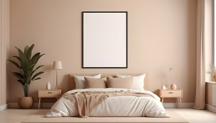 Blank poster frame mockup in modern bedroom interior background on beige wall, 3d rendering