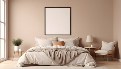 Blank poster frame mockup in modern bedroom interior background on beige wall, 3d rendering