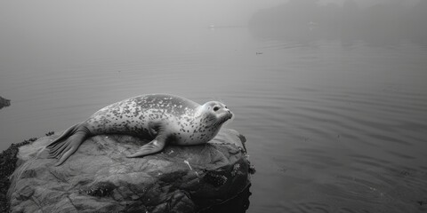 Obraz premium A seal sitting on top of a rock in the water. Suitable for nature and wildlife themes