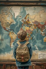 Young explorer stands before a world map.