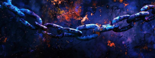 Fototapeta premium 3D Rendering of metal chains in glowing blue and orange color on dark background. Grunge old broken chains, splats and stains. Concept for block chain technology, node connections. High quality photo