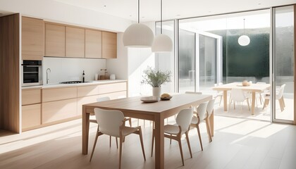 Dining area in modern wooden kitchen, 3d rendering