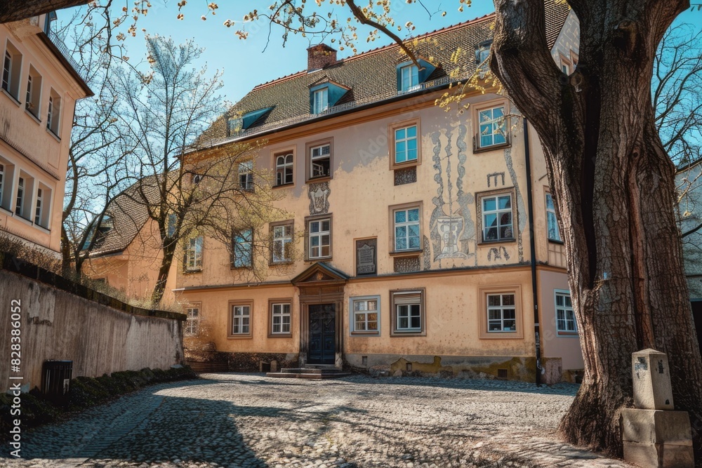 Poster a building with a tree in front of it, suitable for various design projects