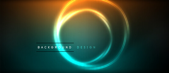Neon glowing circle rays, light round lines in the dark, planet style neon wave lines. Energetic electric concept design for wallpaper, banner, background