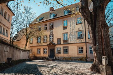 A building with a tree in front of it, suitable for various design projects