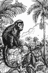 Obraz premium Hand Drawn Monkey. Generated Image. A digital illustration of a hand drawn monkey in the wild.