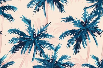 Palm trees are painted in blue and pink on a white background