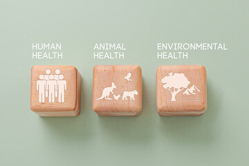 Wooden cube on green background with icon and the words symbolize the interconnectedness of human health, animal health, and environmental health. Concept of a clean and healthy environment.