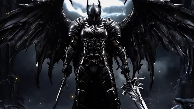 Dark knight fallen angel holding big sword at dark fantasy scene,