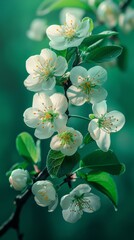 Branch With White Flowers and Green Leaves