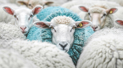 Obraz premium stand out concept - Colorful sheep in a herd of white sheep