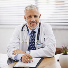 Mature man, doctor and portrait in office with pride for hospital, medicine and document....