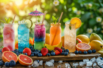 A cheerful summer picnic scene featuring ice cream, rainbow popsicles, fresh-cut fruit, homemade lemonade, and icy cocktails with garnishes, against a blurred background.. AI generated.