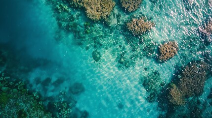 Aerial view of a vibrant coral reef in crystal clear turquoise water.