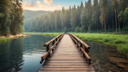 wooden bridge across river in forest 
