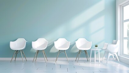 Clean, modern hospital waiting room white chairs and light blue walls. hospital corridor, clinic hallway interior background with white chairs for patients waiting for doctor visit. Contemporary