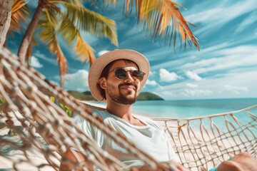 A man enjoying a peaceful moment in a hammock on the beach. Ideal for travel and relaxation concepts