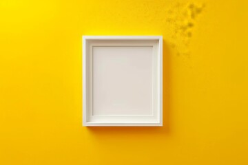 simple white square frame on yellow background, top view, mockup template