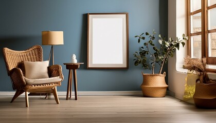Stylish Simplicity: Poster in Wooden Frame Against Blue Backdrop
