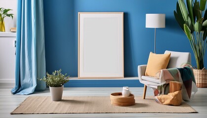 Elegant Poster Mockup: Wooden Frame on a Chic Blue Wall
