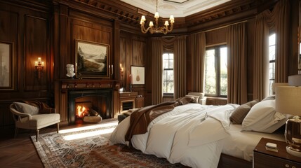 A large bedroom with a fireplace in the corner