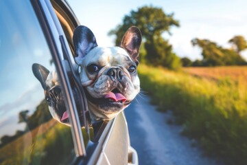 A dog leans out of a car window, enjoying the rush of air as it travels