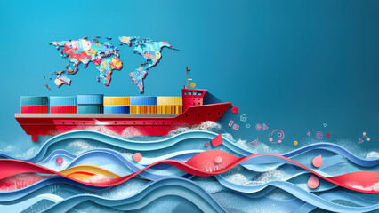 A ship adorned with a world map sails across the vast ocean, symbolizing international cargo transportation and global connectivity
