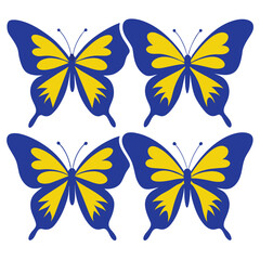 Set of contours of blue yellow monarch butterflies with different wings