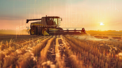 Fototapeta premium As the sun sets, a combine harvester effortlessly gathers crops in a vast field, framed by a background of stock exchange charts