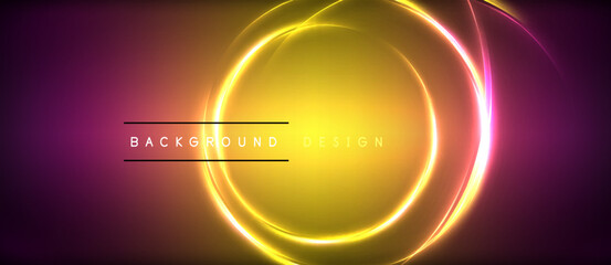 Neon glowing circle rays, light round lines in the dark, planet style neon wave lines. Energetic electric concept design for wallpaper, banner, background
