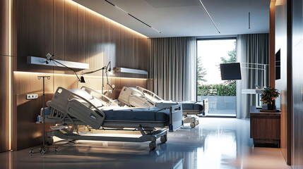 A modern hospital room with two beds and a television, providing a peaceful sanctuary for rest and recovery