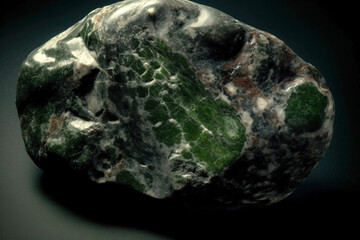 Kosmochlor is a rare precious natural stone on a black background. AI generated. Header banner mockup with space.