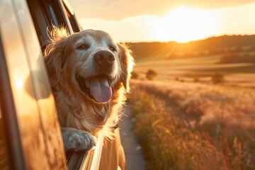 A brown dog with floppy ears enjoying the breeze, sticking its head out of a moving car window