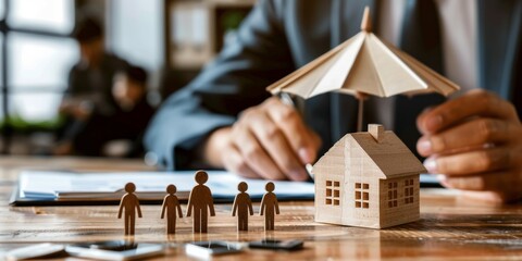 An insurance agent's hands protecting a model house and a family of wooden dolls on a blueprint. Protect the house, cost planning design and construction concept.