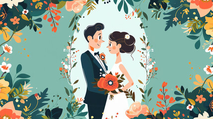 A digital illustration of a wedding invitation. There is a bride and groom standing next to each other, with a floral background in pastel colors.