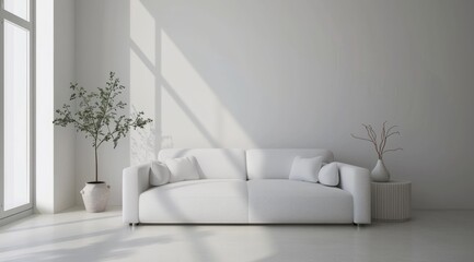 Minimalist living room in white color with a white loveseat, minimal decor, and a clean, uncluttered aesthetic