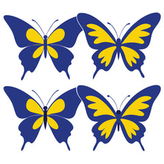 Set of contours of blue yellow monarch butterflies with different wings