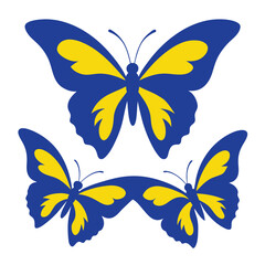 Set of contours of blue yellow monarch butterflies with different wings