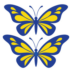 Set of contours of blue yellow monarch butterflies with different wings