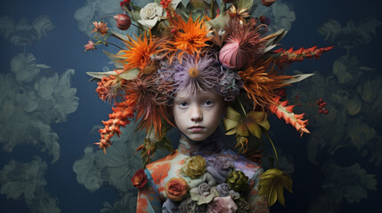 Beautiful child surrounded by enchanting flowers, brought to life through the unique art form of floral surrealism