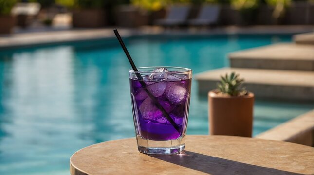 purple drink glass on side table by the pool on beach summer resort vacation relaxation