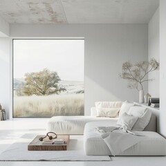 Minimalist living room in white color with a white loveseat, wide windows offering a view of a summer meadow, and modern touches