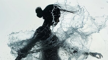 Double exposure silhouette of a dancer blending with flowing water, illustrating grace and fluidity in motion