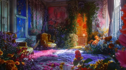 A room filled with lots of flowers next to a window