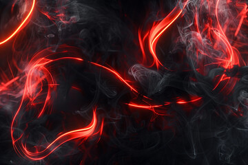 Fototapeta premium Bright red neon loops add drama to the sleek glossy black smoke on stage.
