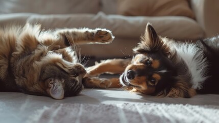 A dog and a cat laying on a bed