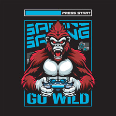 Fototapeta premium Gorilla monkey ape red color mascot play gaming with joystick retro futuristic Esport logo vector illustration