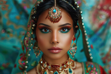 Beautiful woman in traditional attire with intricate jewelry and vibrant makeup.