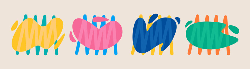 Set abstract graphic fluid elements in memphis style, dynamic waves, colors, fluid shapes. Colorful vector illustration