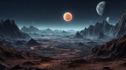 night mountain terrain landscape on unknown alient planet